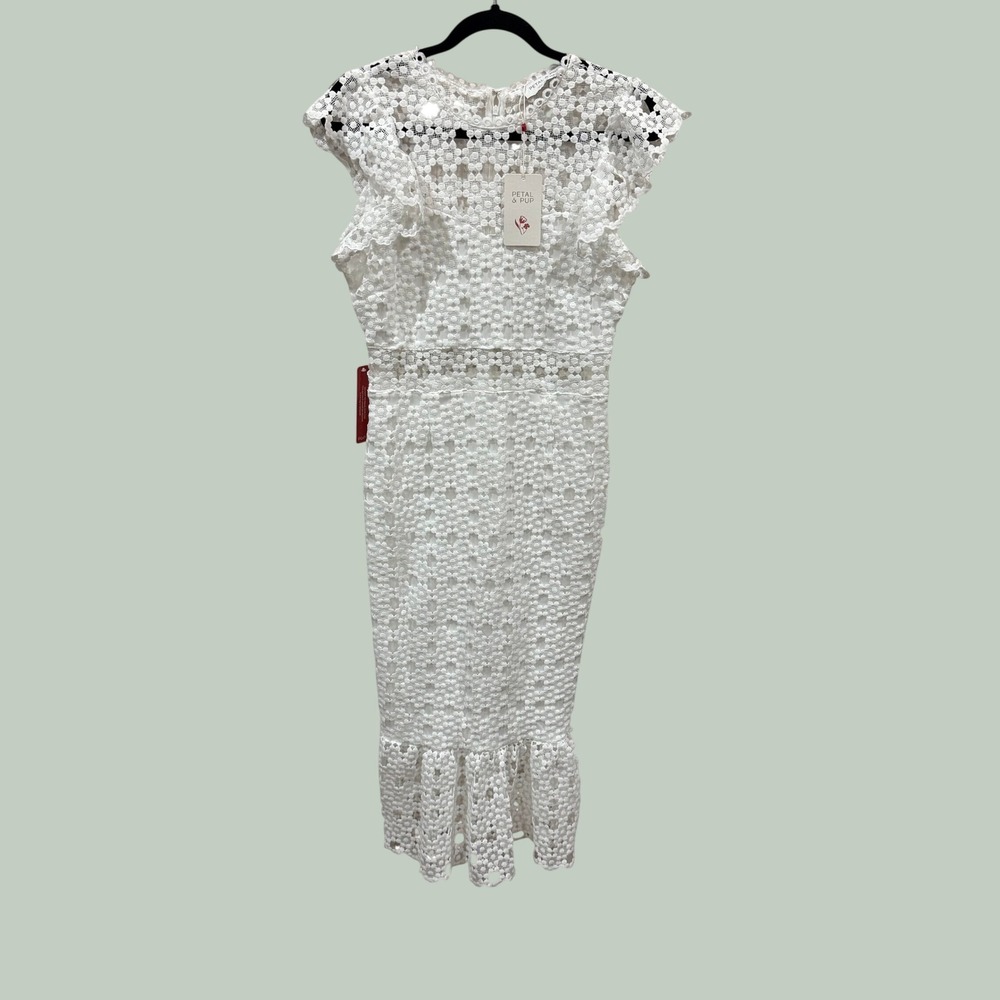 Petal & Pup Lauren Dress White Floral Crochet Lace Midi Ruffle Hem US 4 NEW